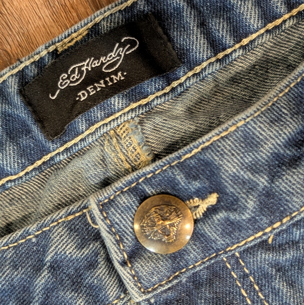 Ed Hardy Y2K Baggy Multi Tattoo Cropped Jeans Heart Dragon Tiger Snake Koi Sz 32 - Picture 6 of 14